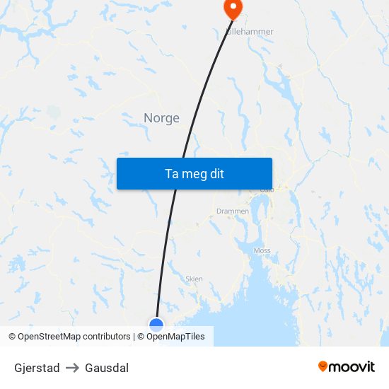 Gjerstad to Gausdal map
