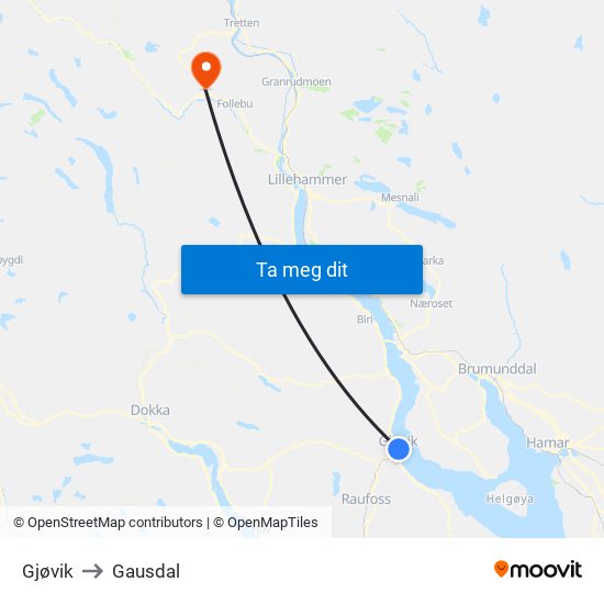 Gjøvik to Gausdal map