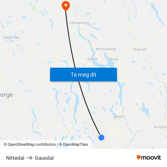 Nittedal to Gausdal map