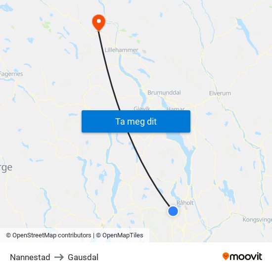 Nannestad to Gausdal map