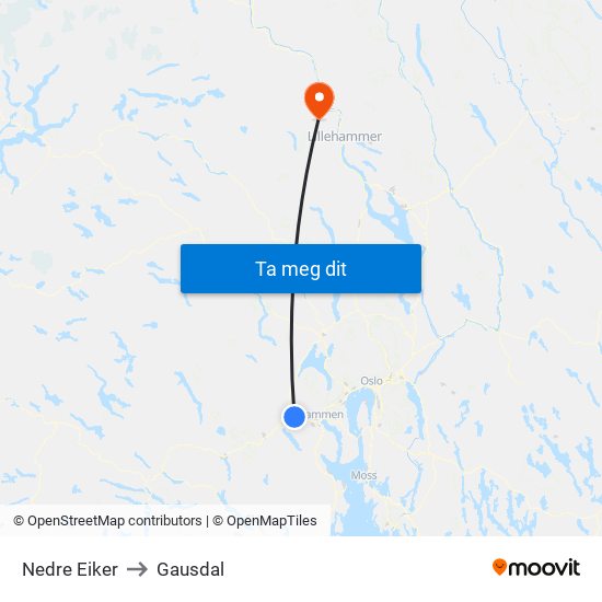 Nedre Eiker to Gausdal map