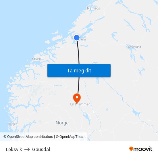 Leksvik to Gausdal map