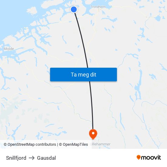 Snillfjord to Gausdal map