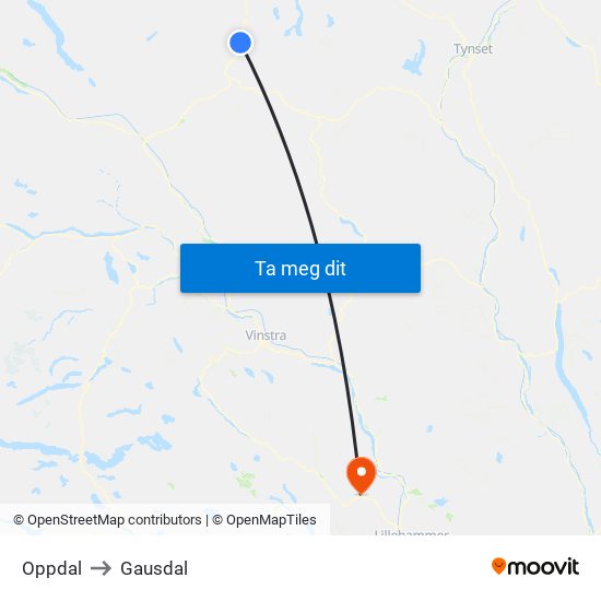 Oppdal to Gausdal map