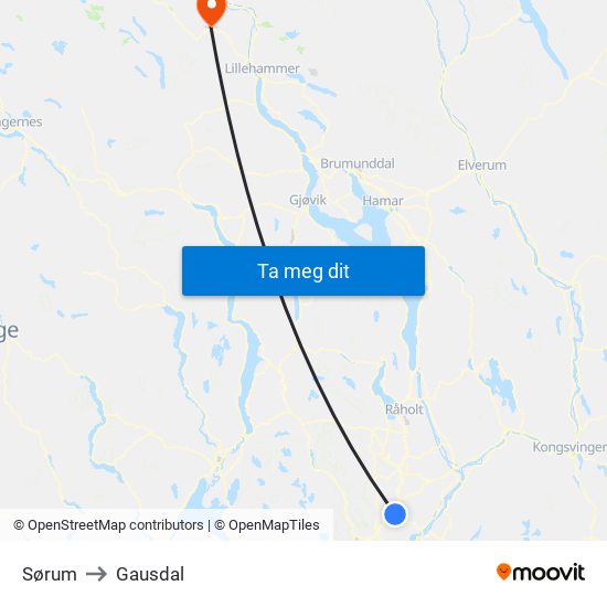 Sørum to Gausdal map