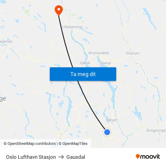 Oslo Lufthavn Stasjon to Gausdal map