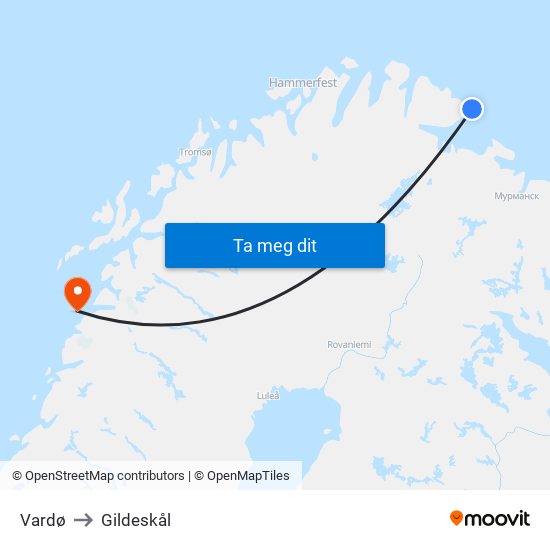 Vardø to Gildeskål map