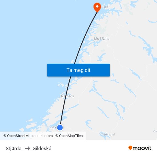 Stjørdal to Gildeskål map