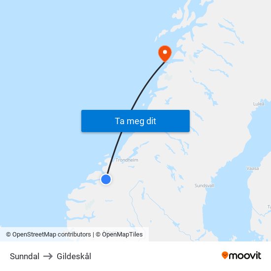 Sunndal to Gildeskål map