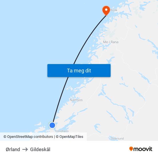 Ørland to Gildeskål map