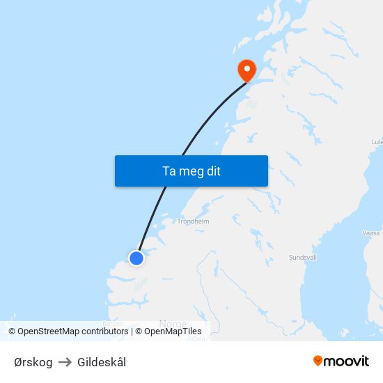 Ørskog to Gildeskål map