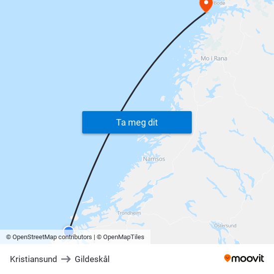 Kristiansund to Gildeskål map