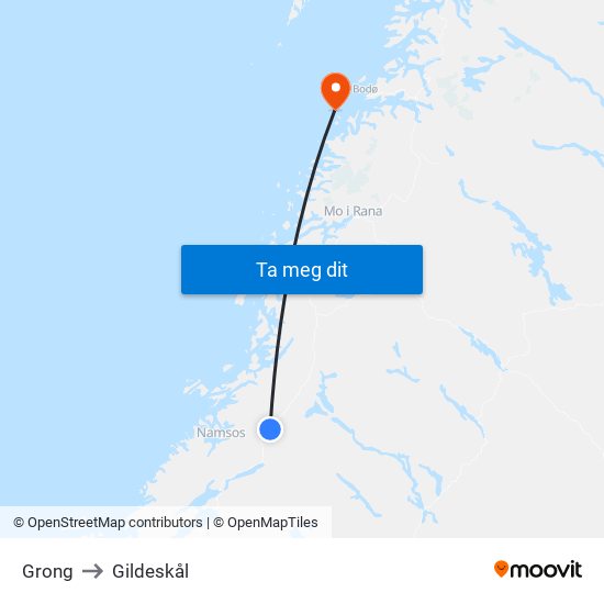 Grong to Gildeskål map