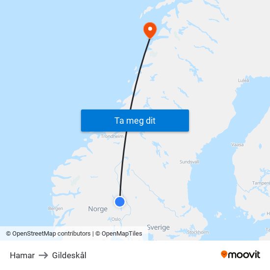 Hamar to Gildeskål map