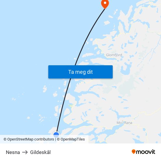 Nesna to Gildeskål map