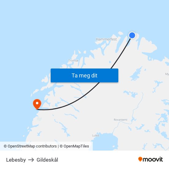 Lebesby to Gildeskål map