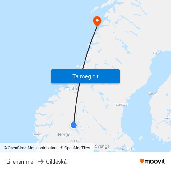 Lillehammer to Gildeskål map