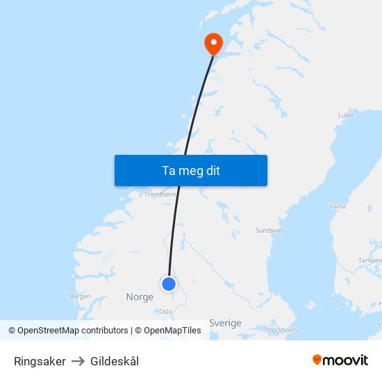 Ringsaker to Gildeskål map