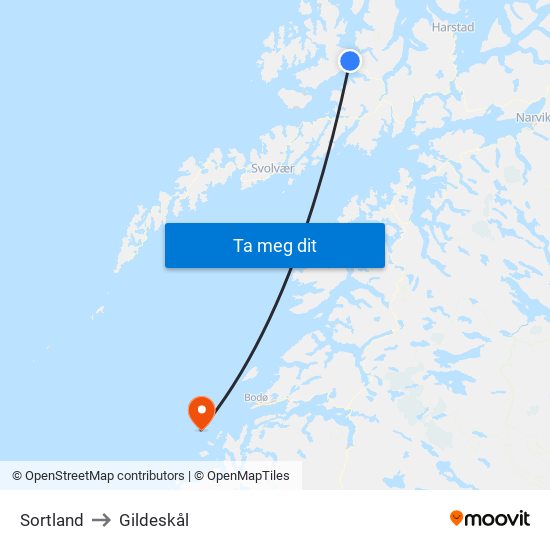 Sortland to Gildeskål map