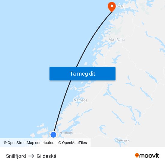 Snillfjord to Gildeskål map