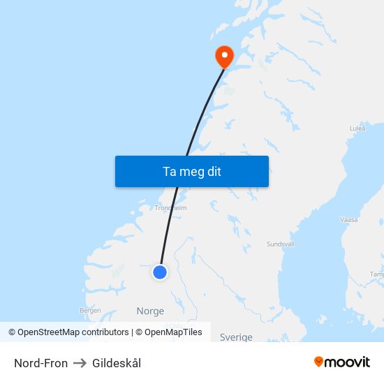 Nord-Fron to Gildeskål map