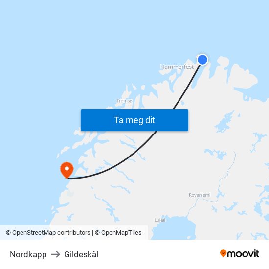 Nordkapp to Gildeskål map
