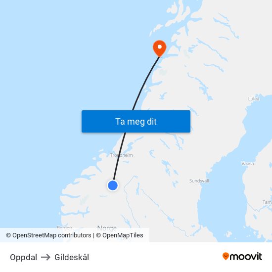 Oppdal to Gildeskål map