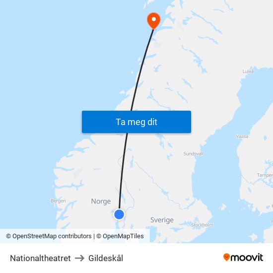 Nationaltheatret to Gildeskål map