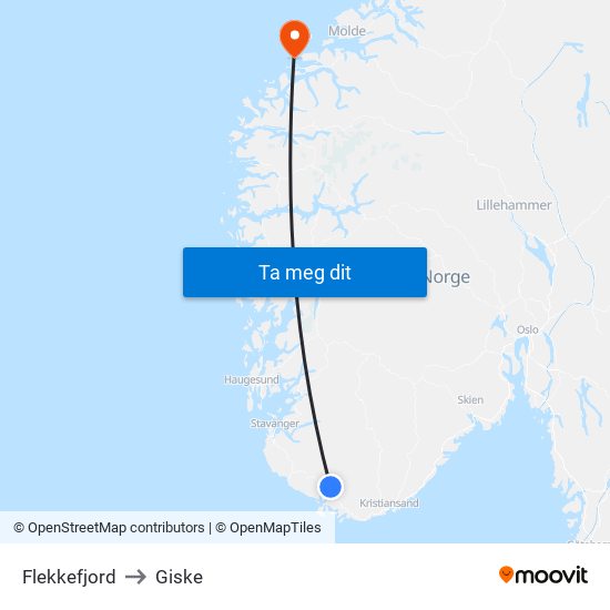Flekkefjord to Giske map
