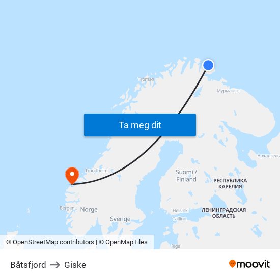 Båtsfjord to Giske map