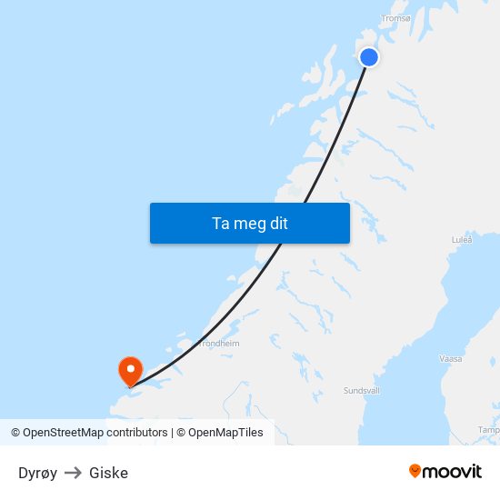 Dyrøy to Giske map