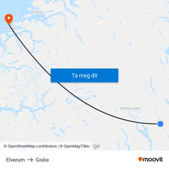 Elverum to Giske map