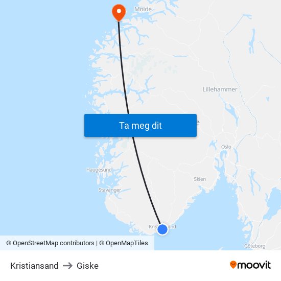 Kristiansand to Giske map