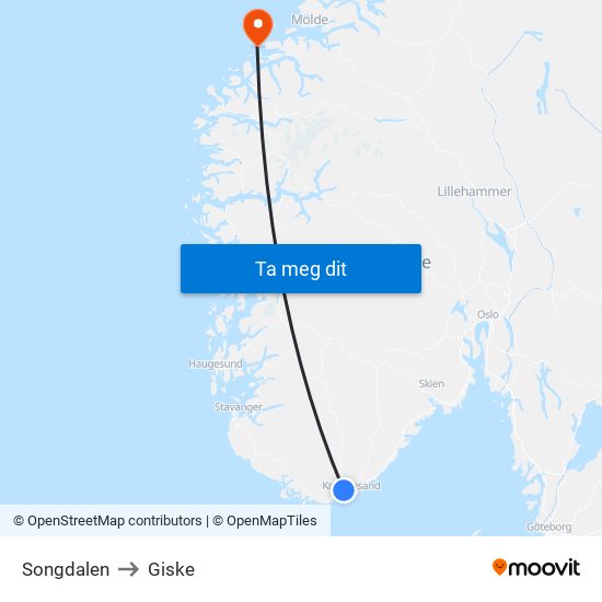 Songdalen to Giske map