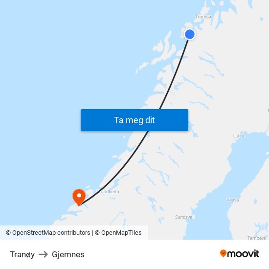 Tranøy to Gjemnes map