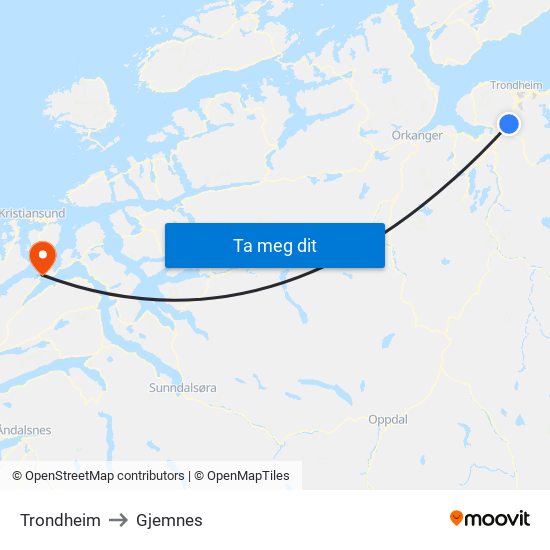 Trondheim to Gjemnes map