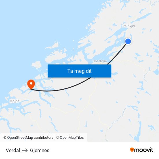 Verdal to Gjemnes map