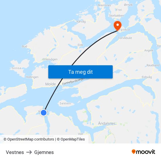 Vestnes to Gjemnes map