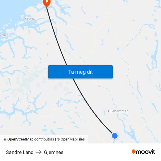 Søndre Land to Gjemnes map