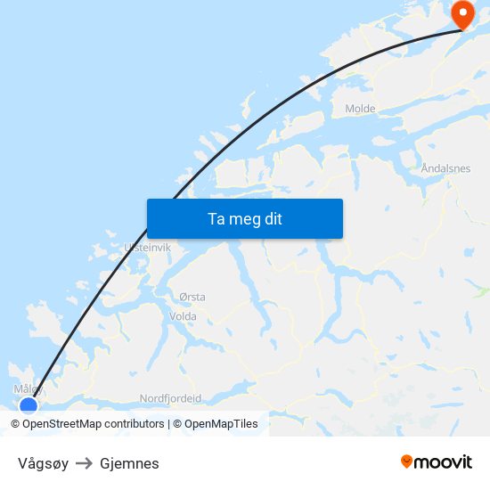 Vågsøy to Gjemnes map