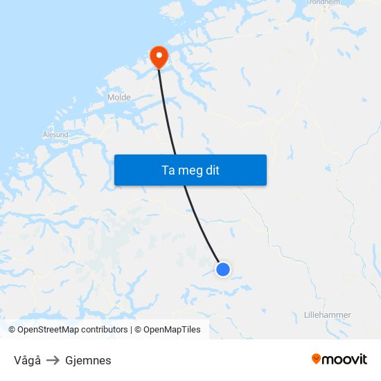 Vågå to Gjemnes map