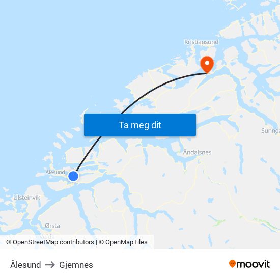 Ålesund to Gjemnes map