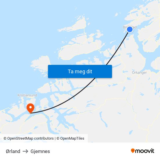 Ørland to Gjemnes map