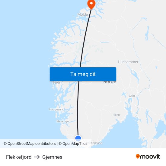 Flekkefjord to Gjemnes map