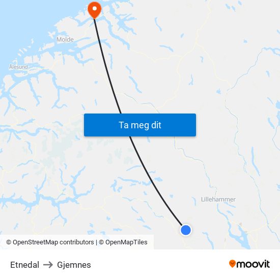 Etnedal to Gjemnes map