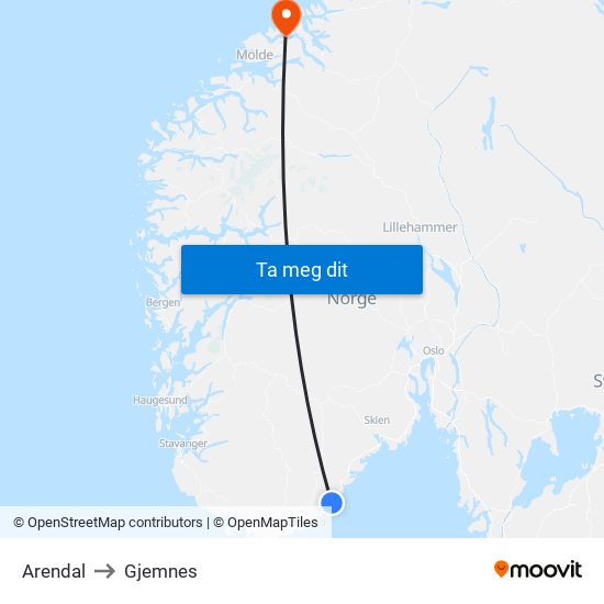 Arendal to Gjemnes map