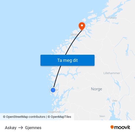 Askøy to Gjemnes map
