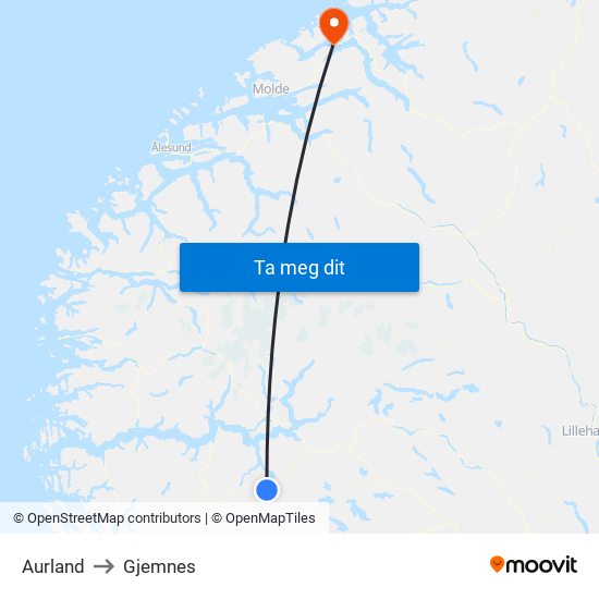 Aurland to Gjemnes map