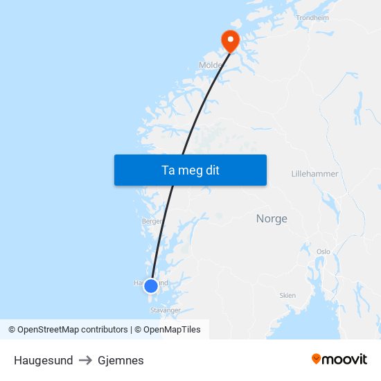 Haugesund to Gjemnes map