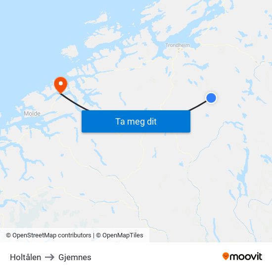 Holtålen to Gjemnes map